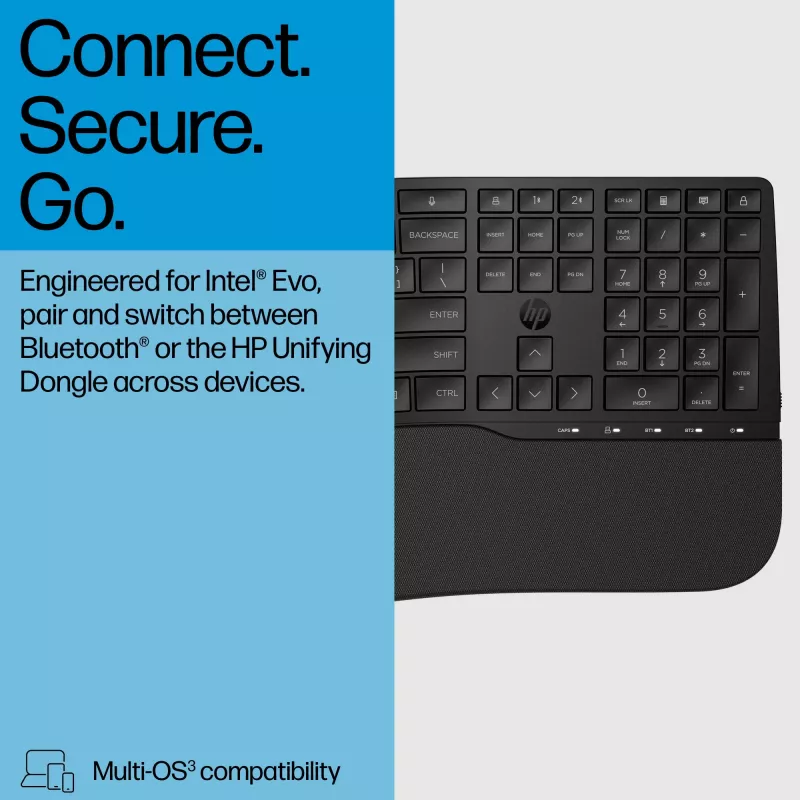 HP 685 Comfort Dual-Mode Tastatur 8T6L9UT#ABB, kabellos 2,4 GHz, Multi-Device, 23 programmierbare Tasten, Full-Size, QWERTY International Englisch, schwarz