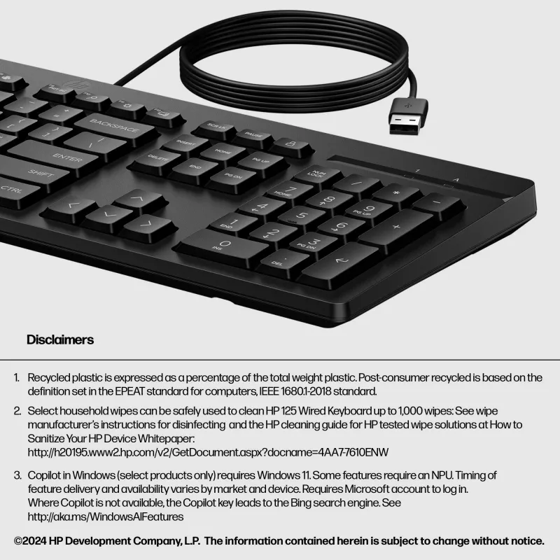 HP 125 Kabelgebundene Tastatur, Vollformat (100%), Kabelgebunden, USB, Schwarz