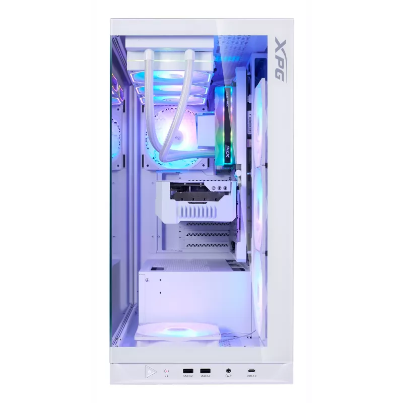 XPG Invader X BTF Midi-Tower-PC-Gehäuse, ATX/Micro-ATX/Mini-ITX, transparentes Seitenteil, 5x 120-mm-ARGB-Lüfter, USB-C, ohne Netzteil, Weiß