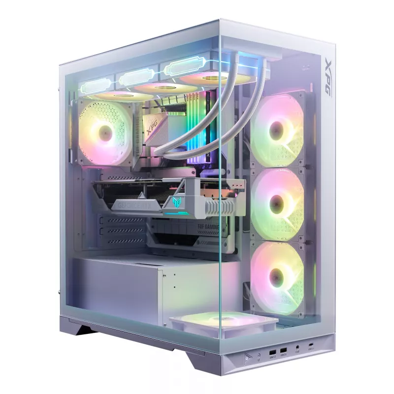 XPG Invader X BTF Midi-Tower-PC-Gehäuse, ATX/Micro-ATX/Mini-ITX, transparentes Seitenteil, 5x 120-mm-ARGB-Lüfter, USB-C, ohne Netzteil, Weiß