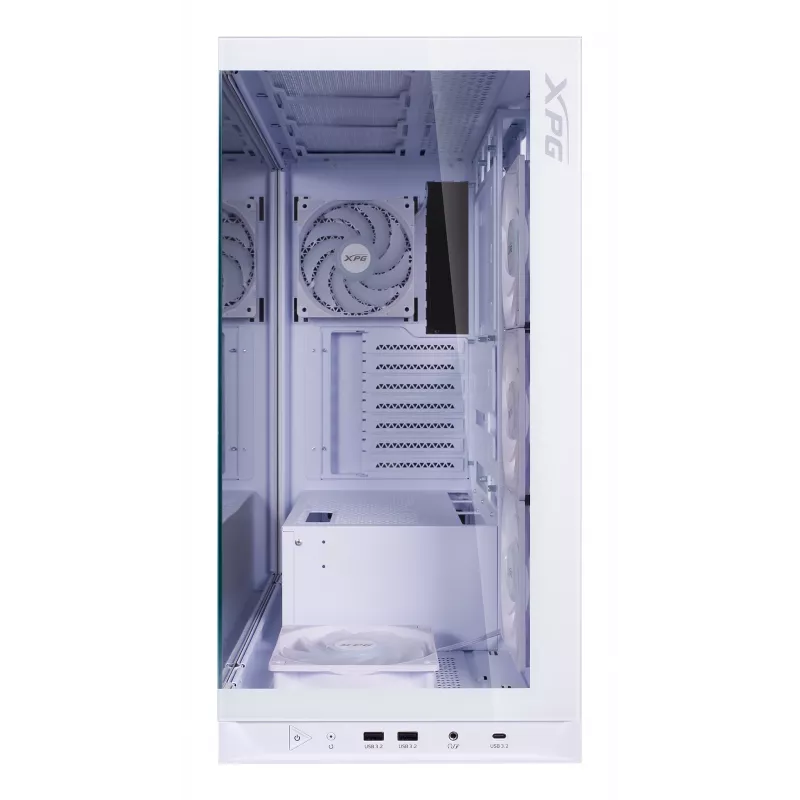 XPG Invader X BTF Midi-Tower-PC-Gehäuse, ATX/Micro-ATX/Mini-ITX, transparentes Seitenteil, 5x 120-mm-ARGB-Lüfter, USB-C, ohne Netzteil, Weiß