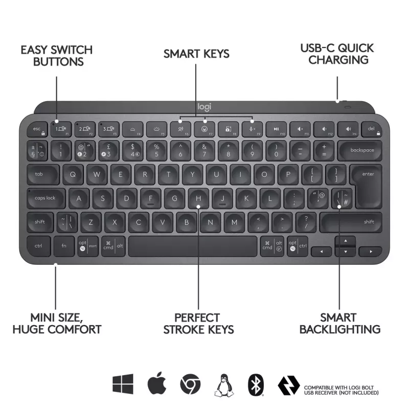 LOGITECH MX Keys Mini Beleuchtete Tastatur - Kabellos Bluetooth - Graphit - Azerty Französisch