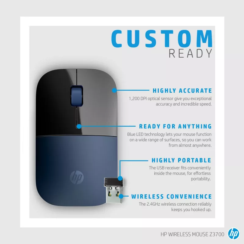 HP Z3700 Blue Wireless Mouse, beidhändig, optisch, RF Wireless, 1200 DPI, Blau