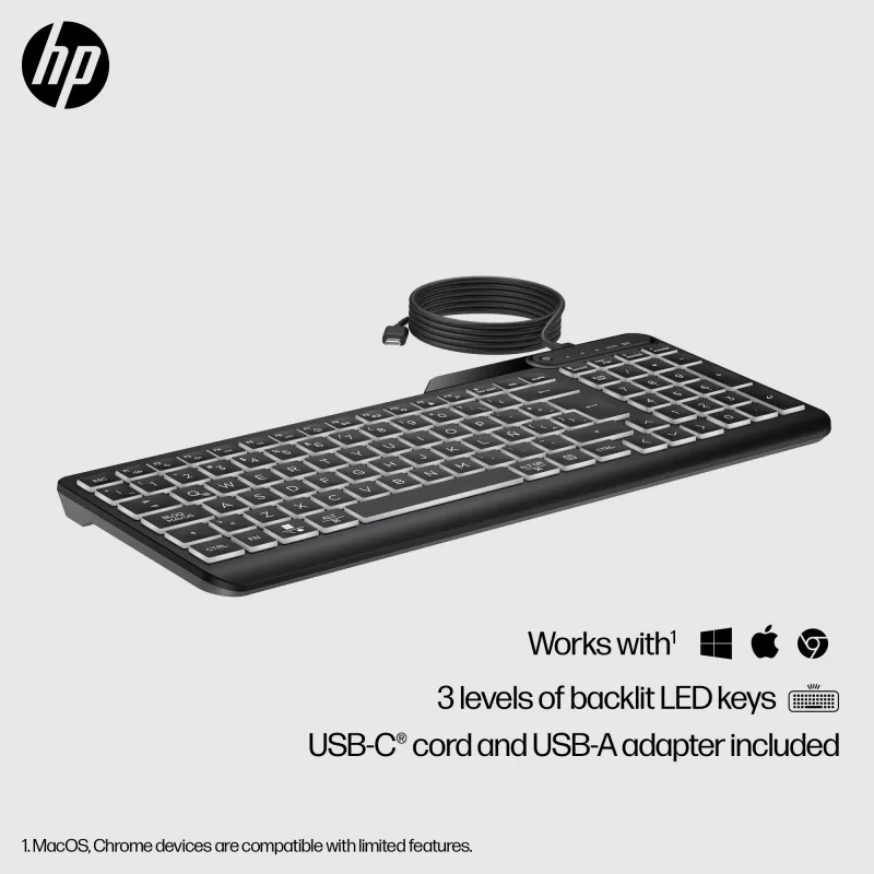 HP 405 Multi-Device Hintergrundbeleuchtete Kabelgebundene Tastatur, Vollformat (100%), Kabelgebunden, USB, Membran, Schwarz