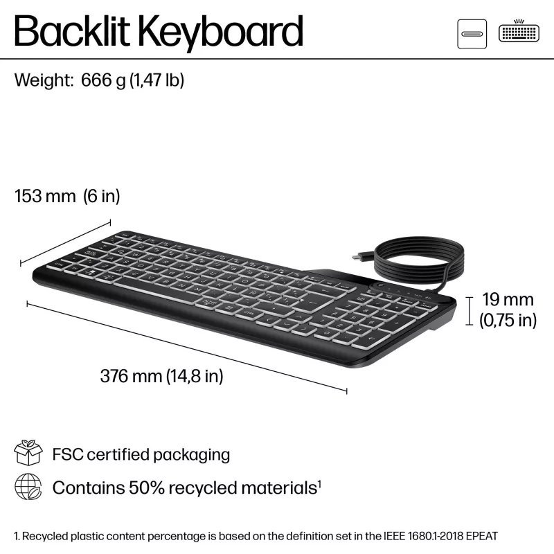 HP 405 Multi-Device Hintergrundbeleuchtete Kabelgebundene Tastatur, Vollformat (100%), Kabelgebunden, USB, Membran, Schwarz