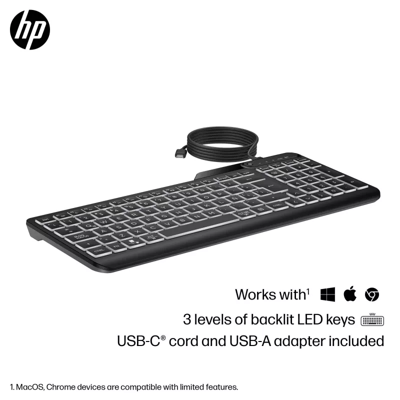 HP 405 Multi-Device Hintergrundbeleuchtete Kabelgebundene Tastatur, Vollformat (100%), Kabelgebunden, USB, Membran, Schwarz