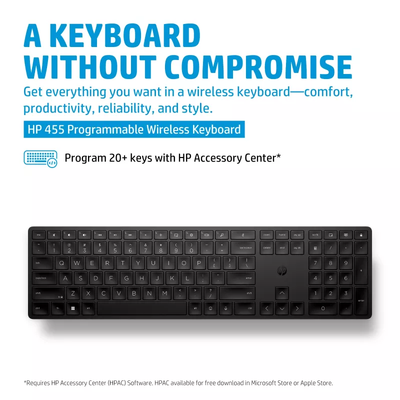 HP 455 Programmierbare Funk-Tastatur, Vollformat (100%), kabellos, RF Wireless, Membran, Schwarz