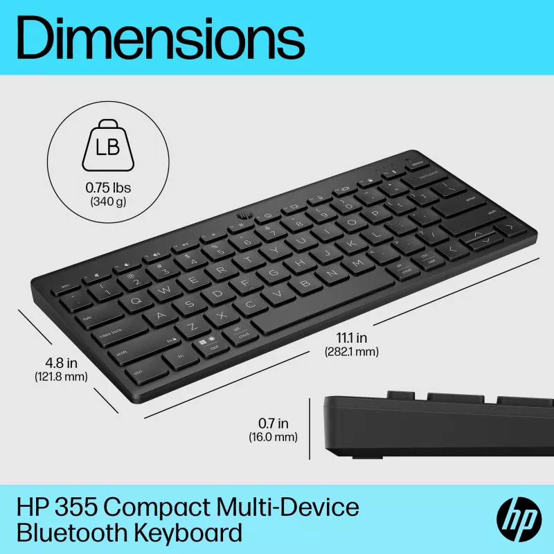 Kompakte Bluetooth-Tastatur HP 355 – kabellose mechanische Tasten, schwarz, 0,34 kg