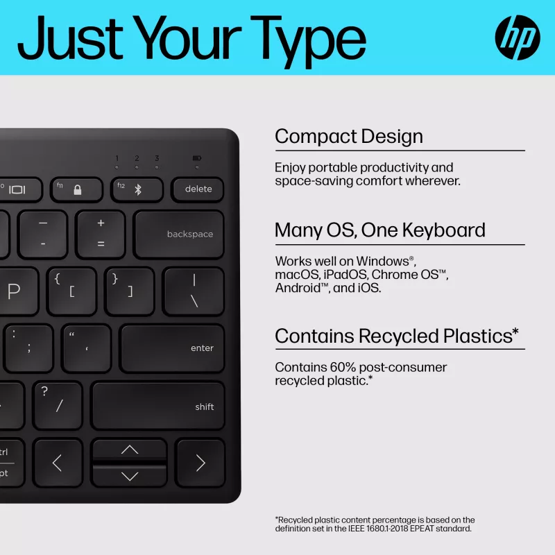 Kompakte Bluetooth-Tastatur HP 355 – kabellose mechanische Tasten, schwarz, 0,34 kg