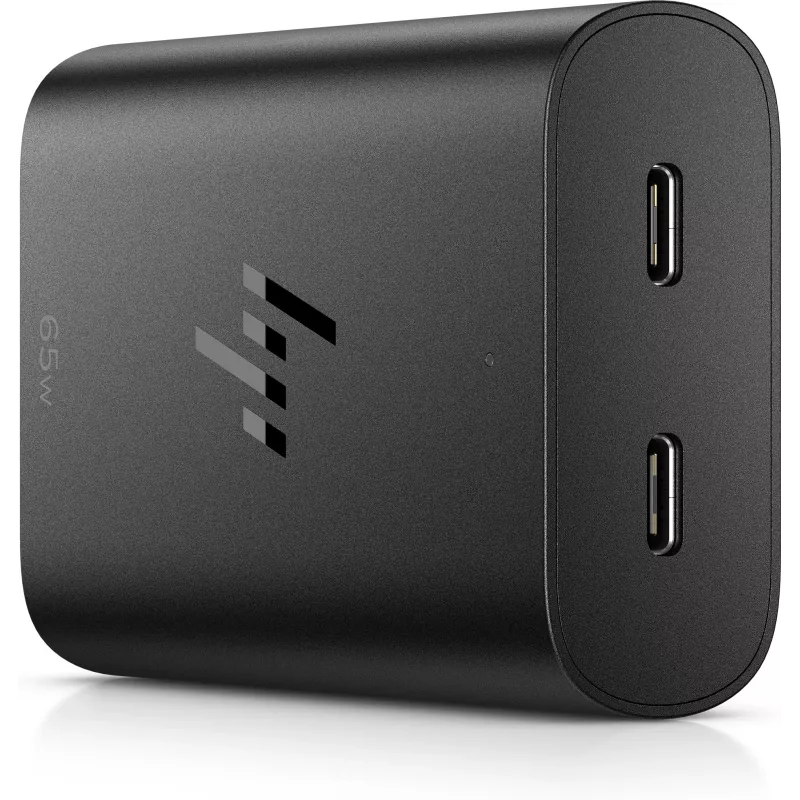 HP 600Q7AA 65-W-GaN-USB-C-Laptop-Ladegerät, 2× USB-C, 20 V, Schwarz