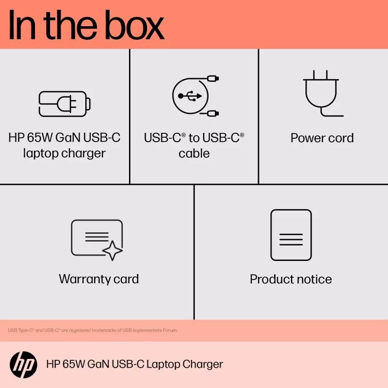 HP 600Q7AA 65-W-GaN-USB-C-Laptop-Ladegerät, 2× USB-C, 20 V, Schwarz