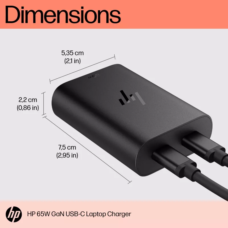HP 600Q7AA 65-W-GaN-USB-C-Laptop-Ladegerät, 2× USB-C, 20 V, Schwarz