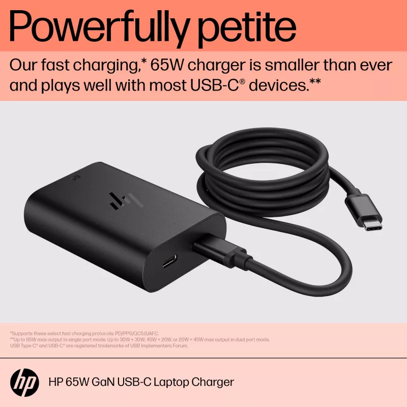 HP 600Q7AA 65-W-GaN-USB-C-Laptop-Ladegerät, 2× USB-C, 20 V, Schwarz