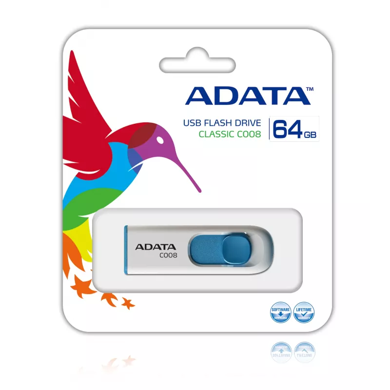 USB-Stick ADATA C008 64 GB USB Typ-A 2.0 — blau/weiß, Schiebemechanismus