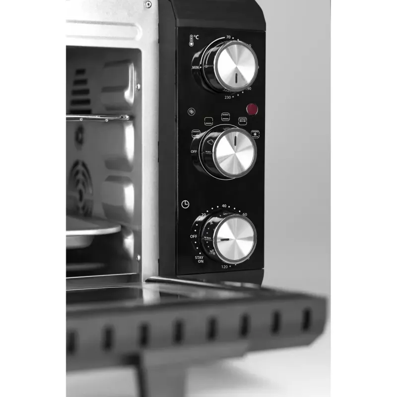 Caso TO 20 Design-Oven elektrischer Mini-Backofen, 20 l, 1500 W, Umluft, Drehspieß, Timer, bis 230 °C, Cool-Touch-Gehäuse, Schwarz