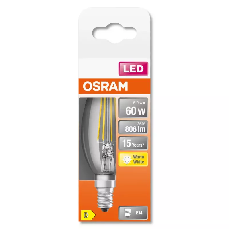 Osram Parathom Classic LED Filament 60 Lampe, 6 W, E14, Warmweiß (2700 K), nicht dimmbar
