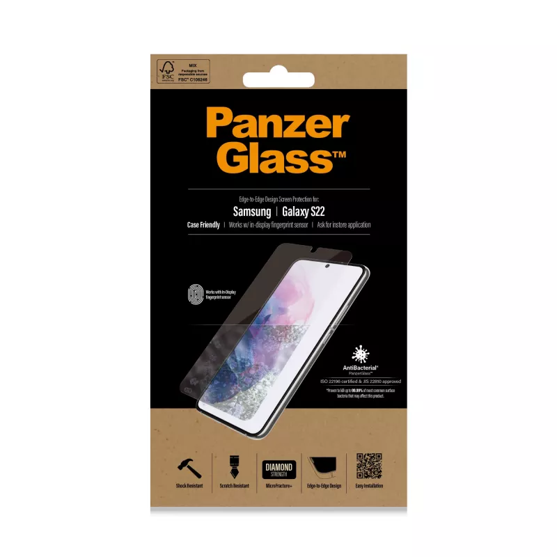 PanzerGlass UltraForce1 7293 Displayschutz für Samsung Galaxy S22, gehärtetes Glas, hüllenfreundlich, transparent