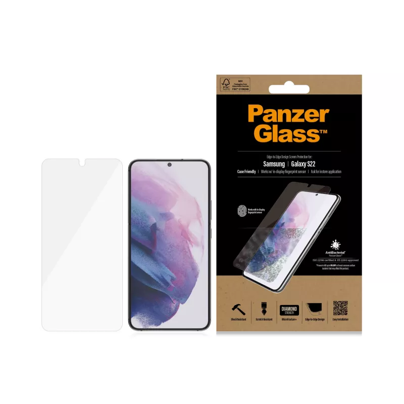 PanzerGlass UltraForce1 7293 Displayschutz für Samsung Galaxy S22, gehärtetes Glas, hüllenfreundlich, transparent