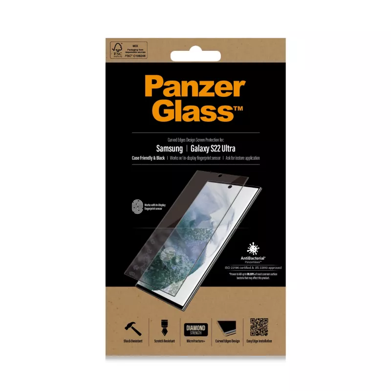 PanzerGlass 7295 Displayschutz für Samsung Galaxy S22 Ultra, gehärtetes Glas, hüllenfreundlich, Schwarz