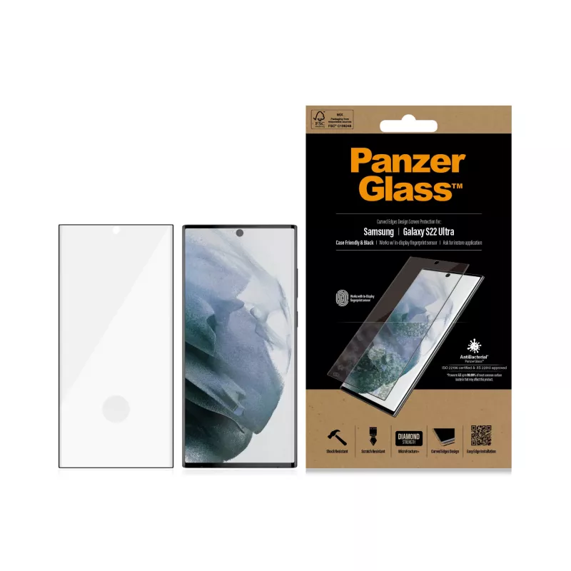 PanzerGlass 7295 Displayschutz für Samsung Galaxy S22 Ultra, gehärtetes Glas, hüllenfreundlich, Schwarz