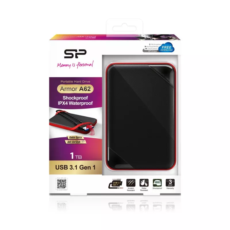 Silicon Power Armor A62 SP010TBPHD62SS3K tragbare Festplatte 1 TB, USB 3.2 Gen 1, Schwarz/Rot