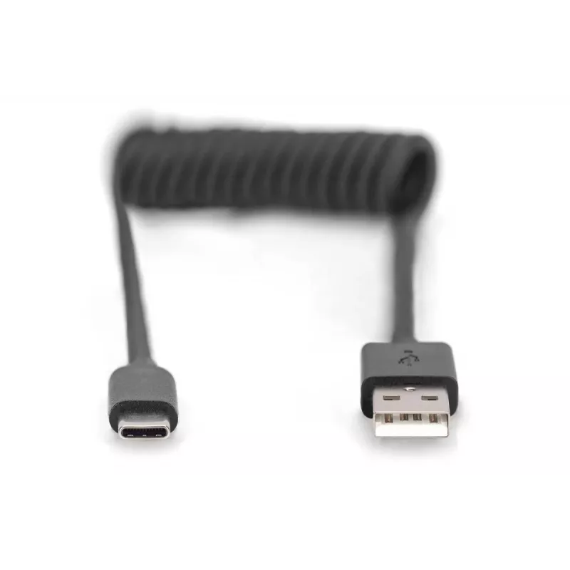 Digitus AK-300430-006-S USB 2.0 USB-A auf USB-C Spiralkabel, 1 m, 480 Mbit/s, 60 W PD, schwarz