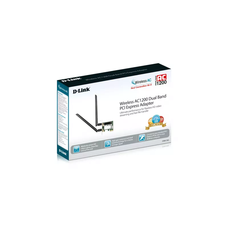 D-Link DWA-582 Wireless AC1200 Dual-Band-PCIe-Desktop-Adapter, WLAN 802.11n/ac, 867 Mbit/s 5 GHz + 300 Mbit/s 2,4 GHz