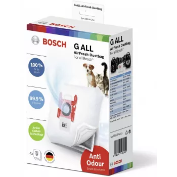Staubbeutel für Zylinderstaubsauger Bosch BBZAFGALL — 4er-Pack, weiß, 240×75×165 mm, 100 g pro Stück