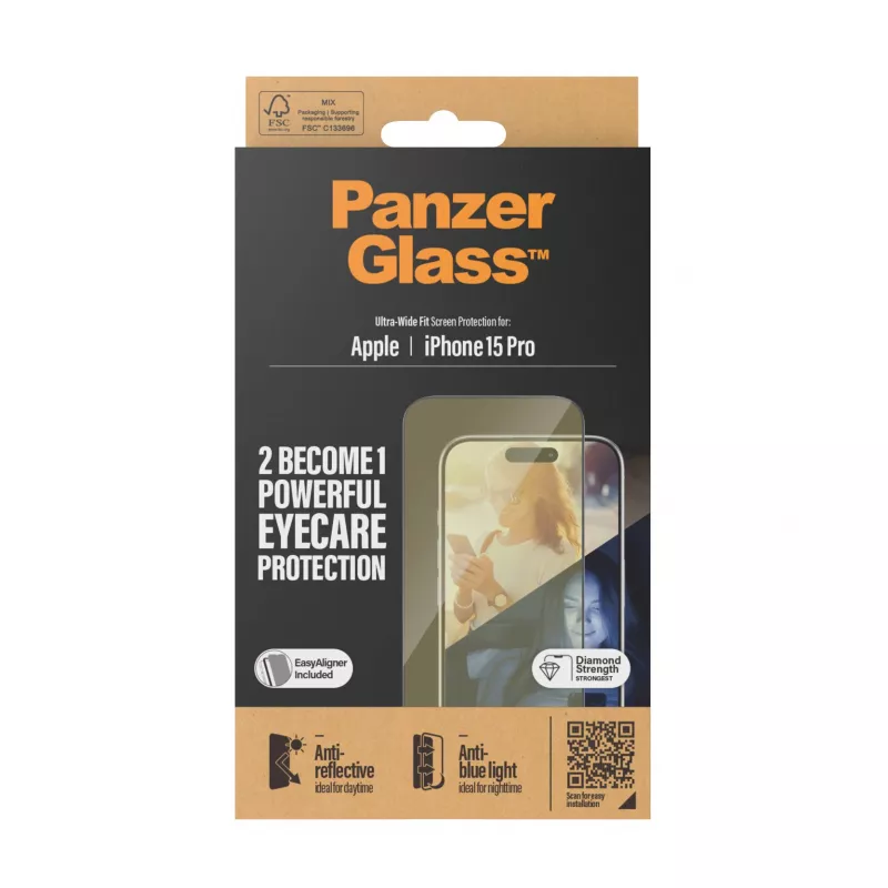 PanzerGlass ® EyeCARE™ Screen Protection iPhone 15 Pro | Ultra-Wide Fit mit EasyAligner