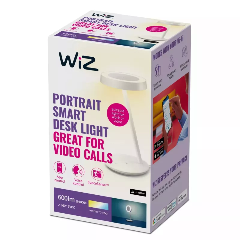 WiZ Portrait Desk Lamp smarte WLAN-Tischleuchte, 600 lm, 2700-6500 K, dimmbar, automatische Helligkeit, 5 V