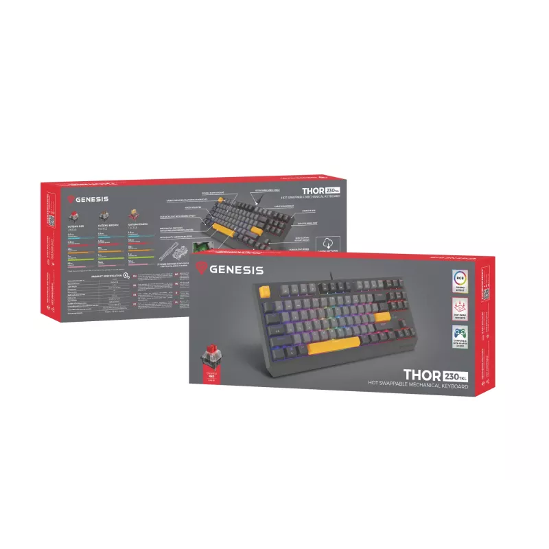 Genesis Thor 230 TKL kabelgebundene mechanische Gaming-Tastatur, US, Anchor Gray Negative, Outemu Red