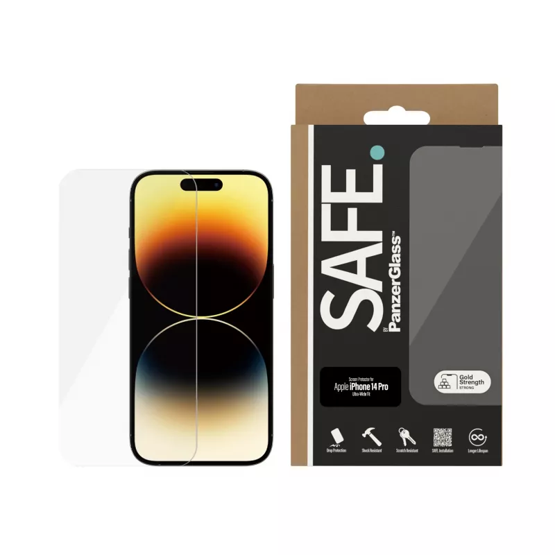 PanzerGlass SAFE. by ® Displayschutzfolie für Apple iPhone 14 Pro Ultra-Wide Fit, kratz- und stoßfest