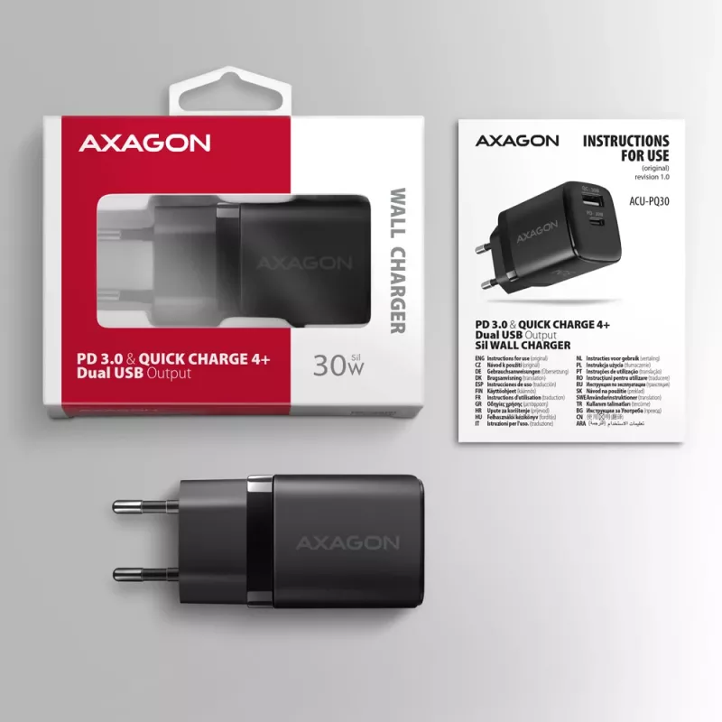 Axagon ACU-PQ30 PD3.0 & QC4+ 2xOUTPUTS Wandladegerät 30W