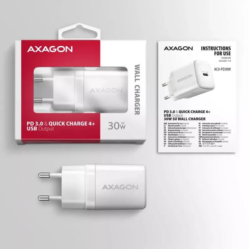 Wandladegerät Axagon ACU-PD30W 1x QC3.0/AFC/FCP/PD Type-C 30W Weiß