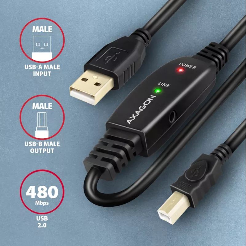 Axagon ADR-210B aktives Verbindungs-/Repeaterkabel USB 2.0 A-Stecker auf B-Stecker, 10 m