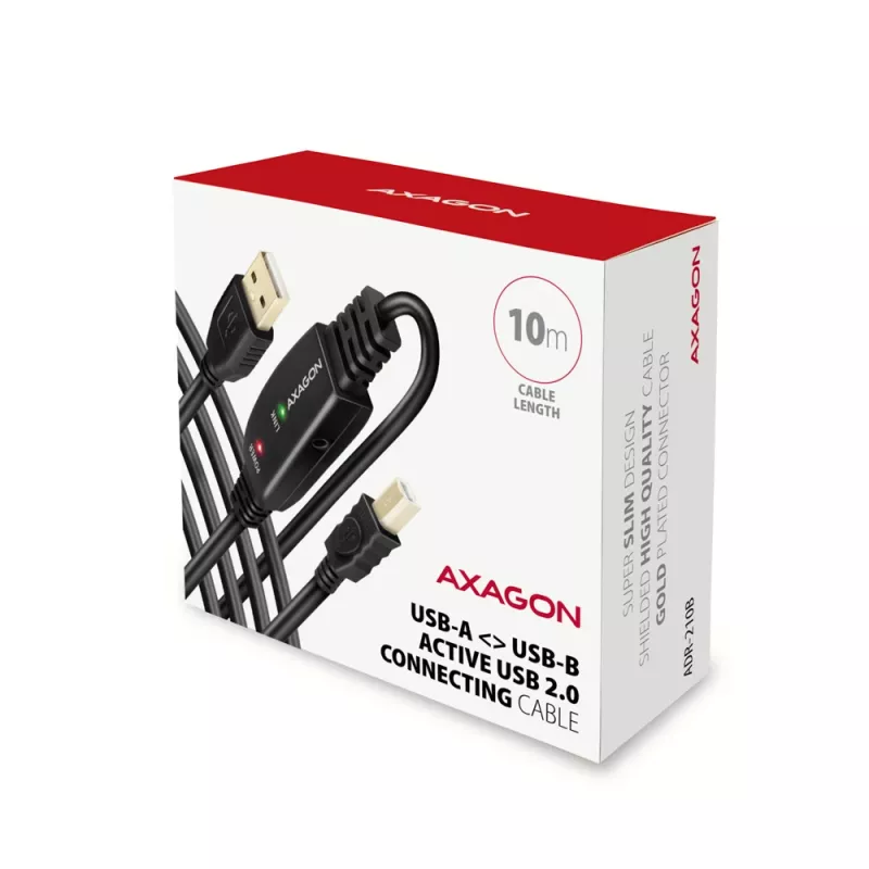 Axagon ADR-210B aktives Verbindungs-/Repeaterkabel USB 2.0 A-Stecker auf B-Stecker, 10 m