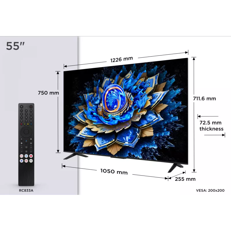 TCL 55T69C 55 Zoll QLED 4K Ultra HD TV, Direct-LED, Google TV, HDR10+, 60Hz, Dolby Atmos, Wi‑Fi/Bluetooth