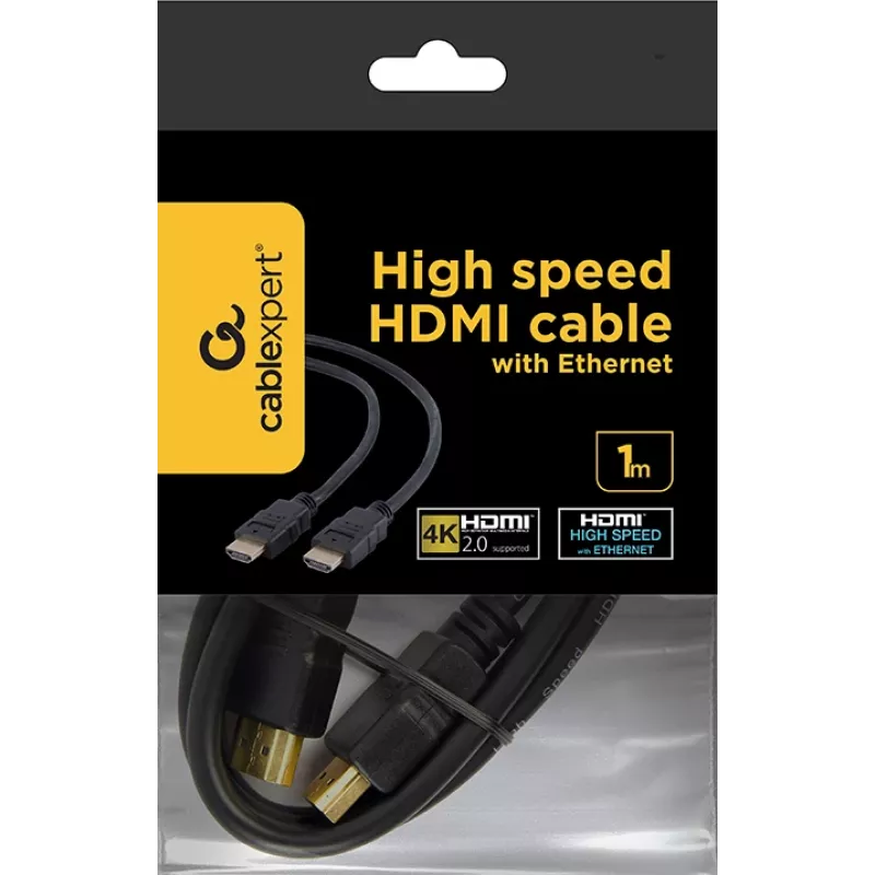 Gembird CC-HDMI4-1M HDMI-2.0-Kabel mit Ethernet, Stecker–Stecker, vergoldete Anschlüsse, 1 m, schwarz, Bulk-Verpackung