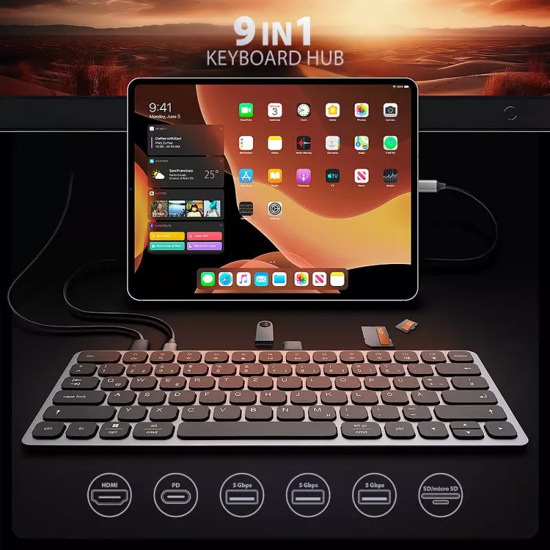 Axagon HMC-KB-GE, USB 5Gbps Hub mit Tastatur, HDMI 4K/60Hz, 3x USB-A, SD/mSD, Audio, PD 100, deutsches Layout