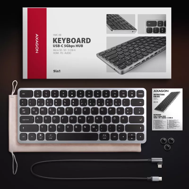 Axagon HMC-KB-GE, USB 5Gbps Hub mit Tastatur, HDMI 4K/60Hz, 3x USB-A, SD/mSD, Audio, PD 100, deutsches Layout
