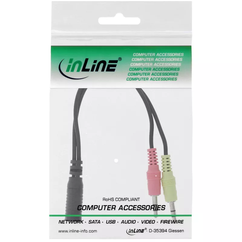 InLine Audio Headset-Adapterkabel, 2x 3,5 mm Stecker auf 3,5 mm Buchse 4-polig, CTIA, 0,15 m