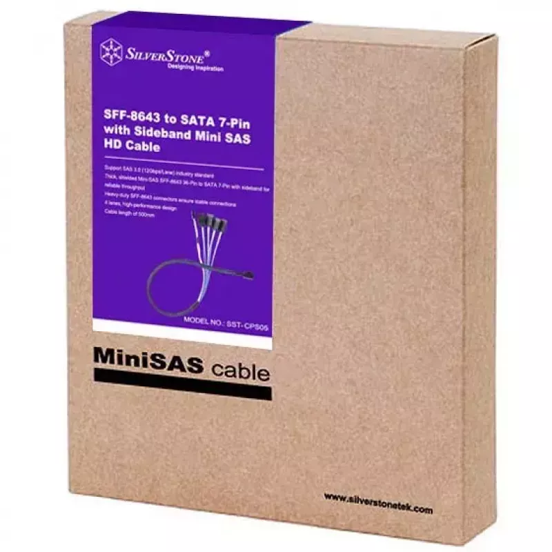 SilverStone SST-CPS05 Mini-SAS HD (SFF-8643) auf SATA-7-Pin-Kabel mit Sidebands, 4-Lane, SAS 12 Gbit/s, 0,5 m, schwarz