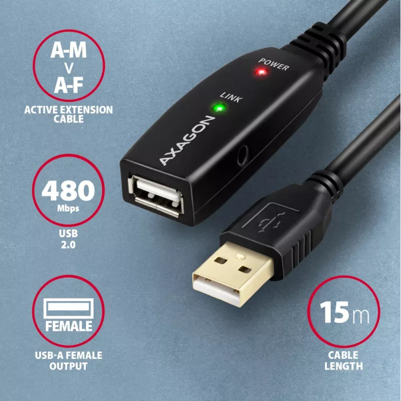 Axagon ADR-215 USB 2.0 A-M -> A-F aktives Verlängerungs-/Repeaterkabel 15 m