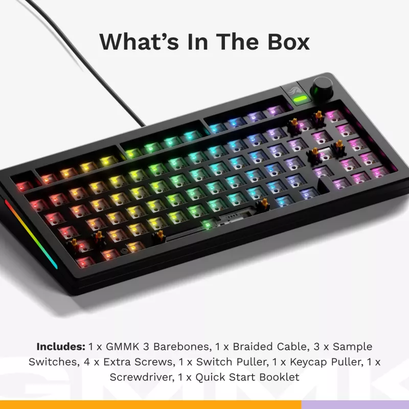 Glorious Gaming GMMK 3 75% Barebones Kabelgebunden Schwarz – ISO, 75%, Kabelgebunden, USB, RGB-LED, Schwarz