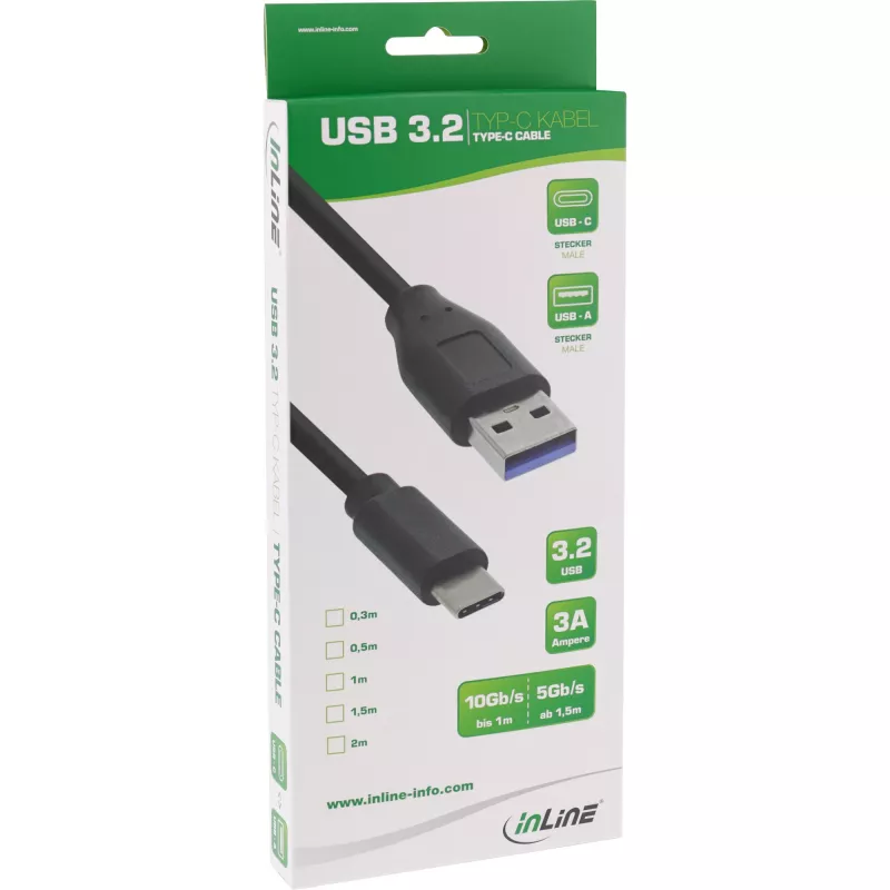InLine USB 3.2 Gen.1x2 Kabel, USB-C Stecker / USB-A Stecker, schwarz, 0,5m
