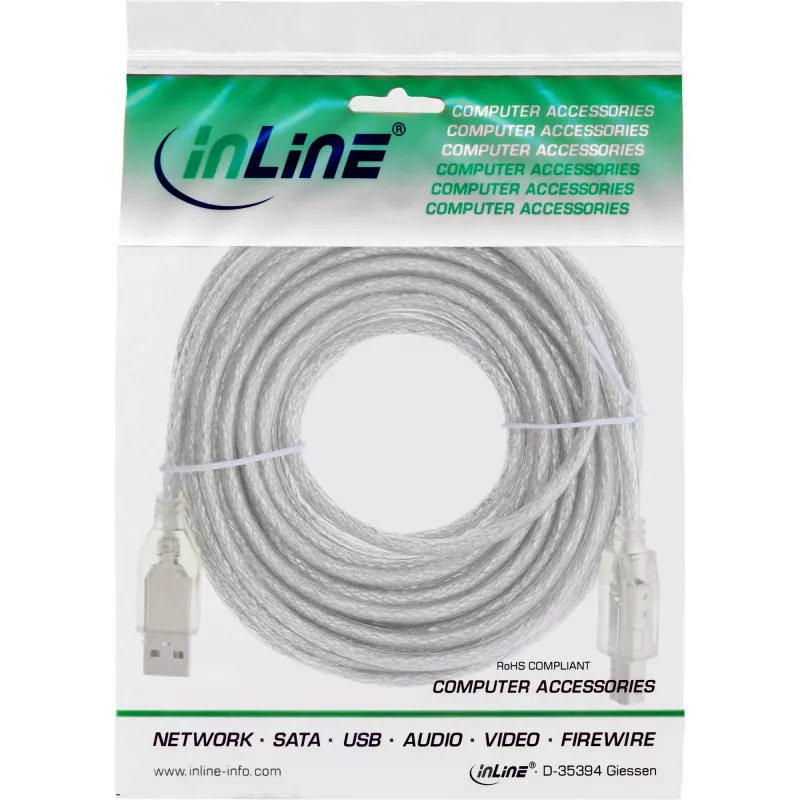 InLine USB 2.0 Kabel Typ A Stecker / Typ B Stecker, transparent, 10 m