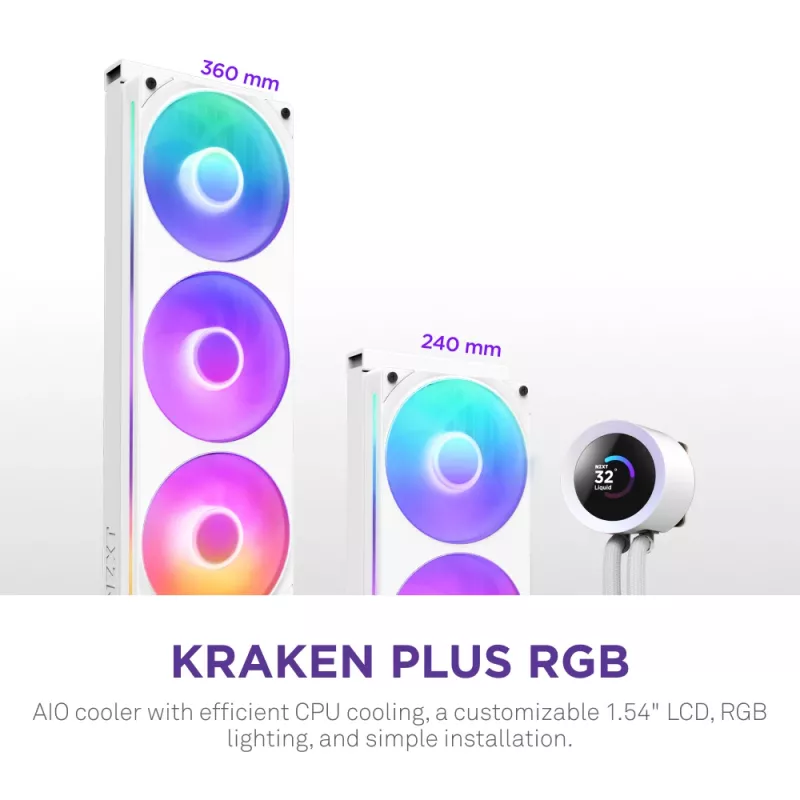 All-in-one-Flüssigkeits-CPU-Kühler NZXT Kraken Plus RGB 240 — 120-mm-Lüfter, FDB-Lager, weiß