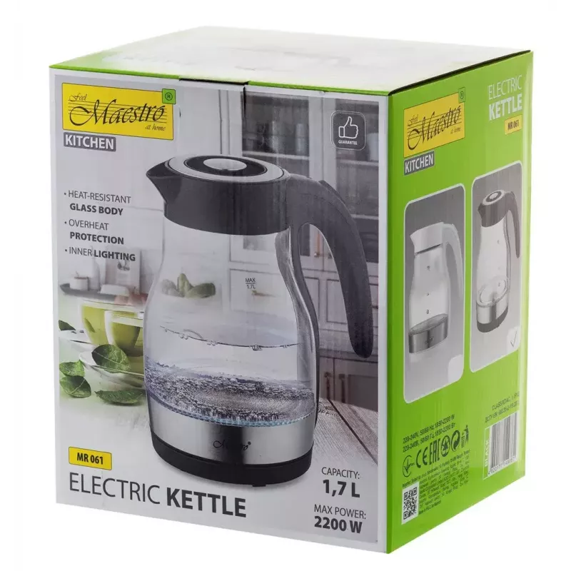 Maestro MR-061 Wasserkocher, Glas, 2200 W, Schwarz