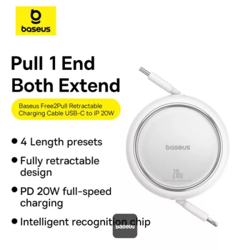 BASEUS Free2pull Expandable USB C To Ip Ligtning Fast Charging Kabel 1 M 20 W White