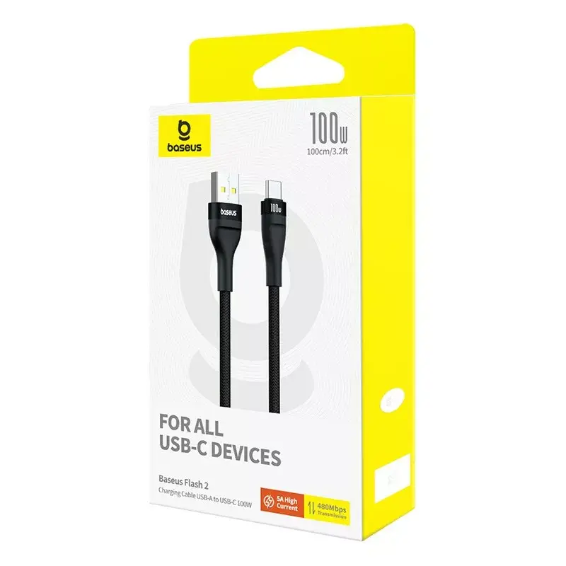 USB-A-auf-USB-C-Kabel Baseus Flash 2 1m 100W Schwarz, USB PD, 480 Mbit/s, Nylon